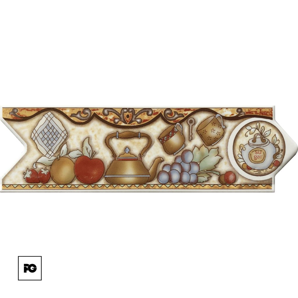 Decorative fruit-themed border with apples, grapes, a teapot, and a sugar jar motif along a beige ornamental strip