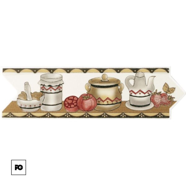 Cenefa cerámica decorativa dk-1686 8 x 25 cm-tiles-ok | Plomería García Decorative kitchen banner with ceramic jars, a pot, a pitcher and fruit on a wooden shelf with a patterned border.