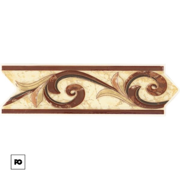 Decorative tile panel with brown and beige scrollwork pattern and a small pg logo in the corner.