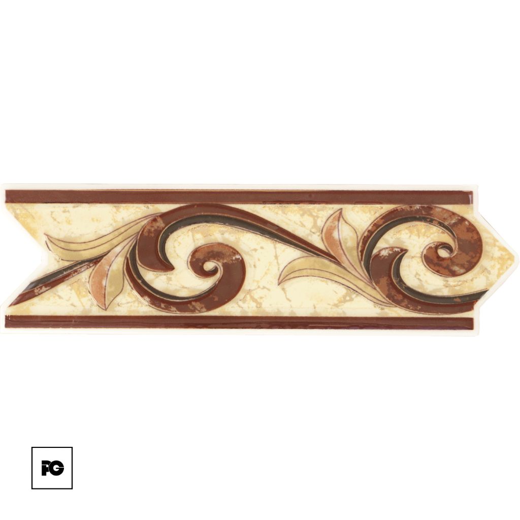 Decorative tile panel with brown and beige scrollwork pattern and a small PG logo in the corner.