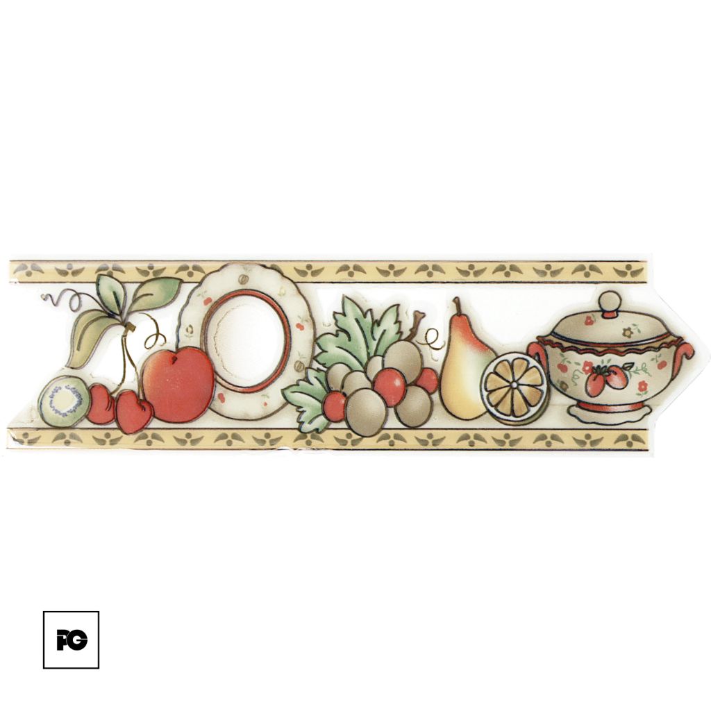 Decorative kitchen border with fruit (apple, pear, grapes), a plate, and a teapot motif.