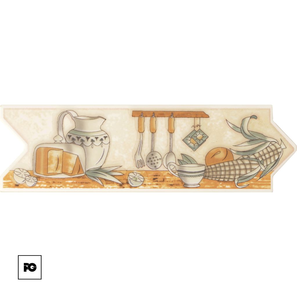 Decorative still life of a rustic kitchen counter with bread, cheese, jug, hanging utensils, corn, pineapple, and a teacup under a wooden rack.
