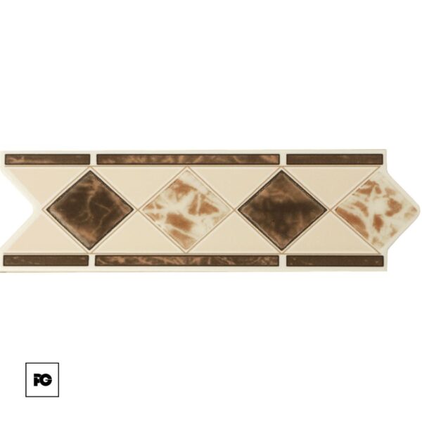 Decorative ceramic tile trim with beige diamonds and brown insets in a diagonal pattern along a narrow border edge.