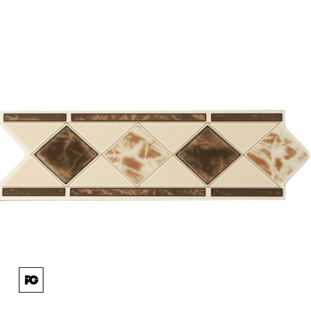 Decorative ceramic tile trim with beige diamonds and brown insets in a diagonal pattern along a narrow border edge.