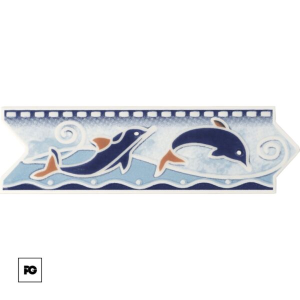 Cenefa cerámica f delfín 8 × 25 cm decorativa-tiles-ok | Plomería García Decorative banner featuring two dolphins leaping over stylized blue waves.
