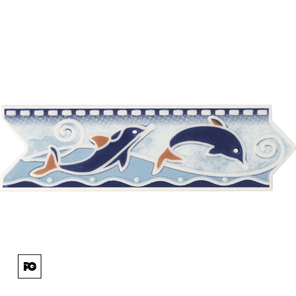 Decorative banner featuring two dolphins leaping over stylized blue waves.