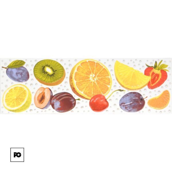 Assorted whole and halved fruits (orange, kiwi, lemon, plum, apricot, strawberry) arranged on a white dotted background with water-drop pattern.