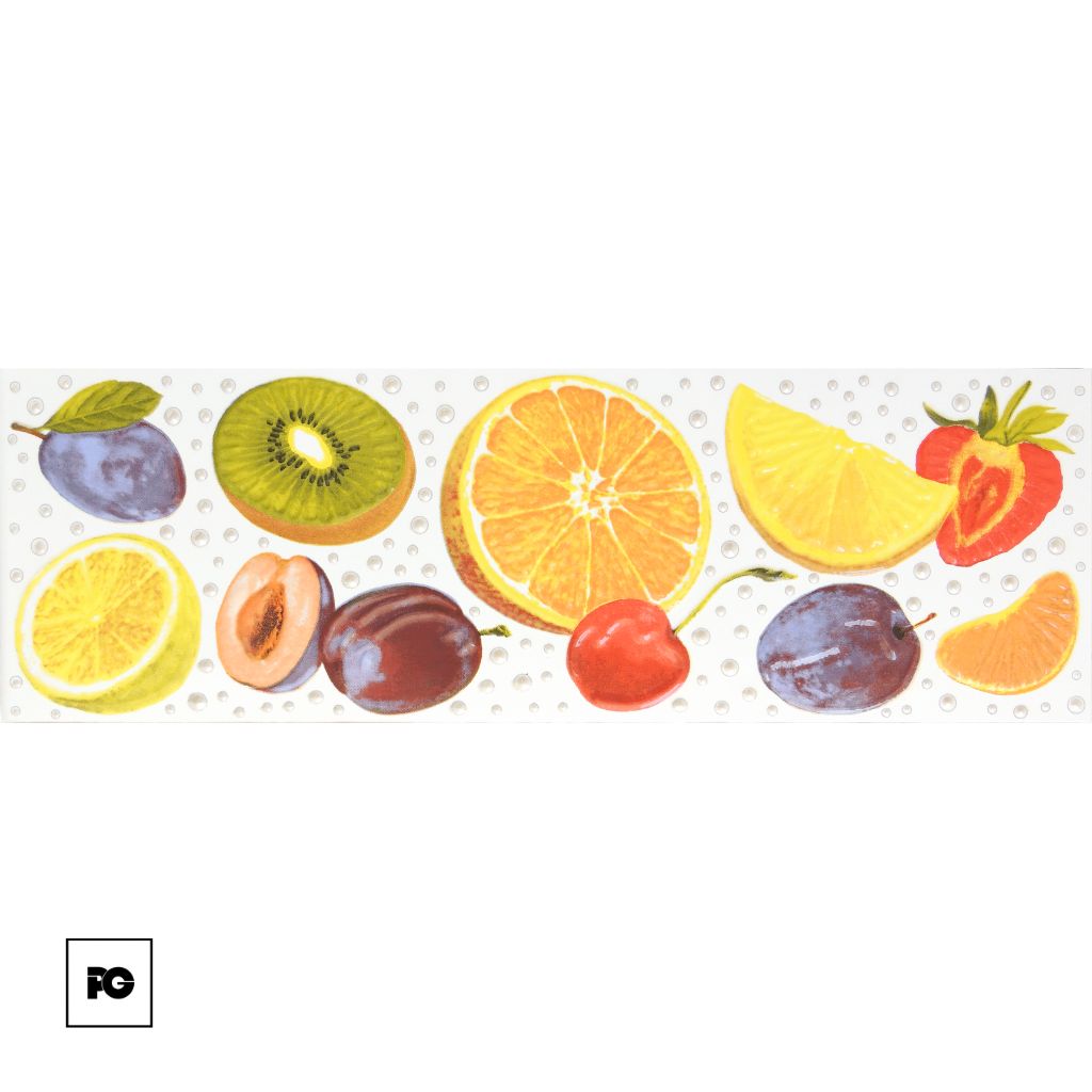 Assorted whole and halved fruits (orange, kiwi, lemon, plum, apricot, strawberry) arranged on a white dotted background with water-drop pattern.