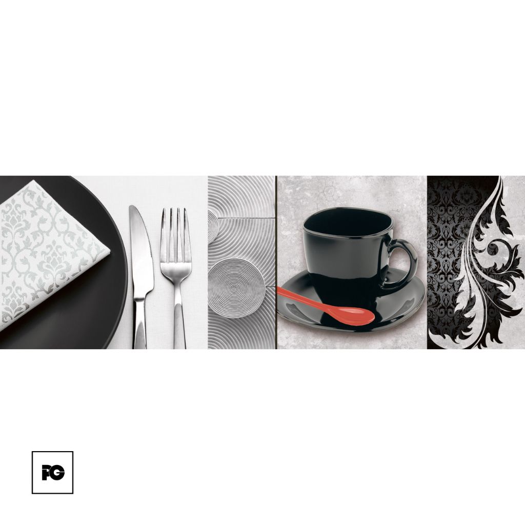 Collage of dining items: napkin on a dark plate with cutlery, textured plates, a black cup and saucer with a red spoon, and a black-and-white ornamental pattern across the panel.