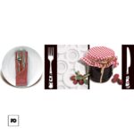 White plate with a folded red napkin and fork-and-knife, followed by decorative panels and a jar of jam wrapped in a red-checkered cloth with berries nearby, in a dining-themed collage.