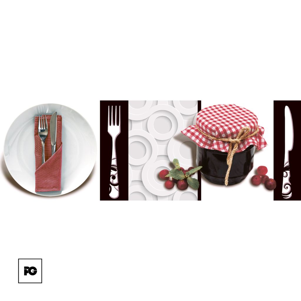 White plate with a folded red napkin and fork-and-knife, followed by decorative panels and a jar of jam wrapped in a red-checkered cloth with berries nearby, in a dining-themed collage.