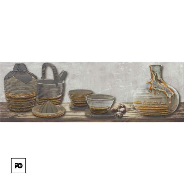 Rustic display of gray–blue ceramic pottery: bowls, plates, baskets, and a large glazed bottle on a weathered wooden surface