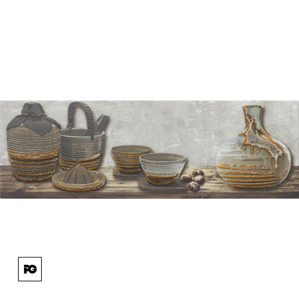 Rustic display of gray–blue ceramic pottery: bowls, plates, baskets, and a large glazed bottle on a weathered wooden surface
