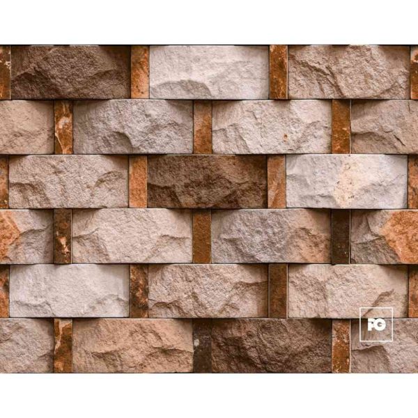 Stacked beige and brown stone veneer wall with rectangular blocks and vertical joints.