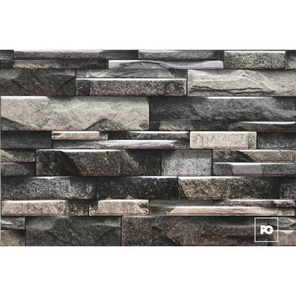 Gray stacked-stone wall veneer with irregular rectangular stones in varying shades of gray to create a textured facade.