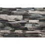 Gray stacked-stone wall veneer with irregular rectangular stones in varying shades of gray to create a textured facade.