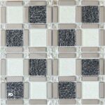 Malla decorativa echo de vidrio negro y blanco 30 x 30 cm-tiles-ok | Plomería García Decorative tile mosaic with alternating white and black crackled glass squares separated by beige rectangular separators in a grid.