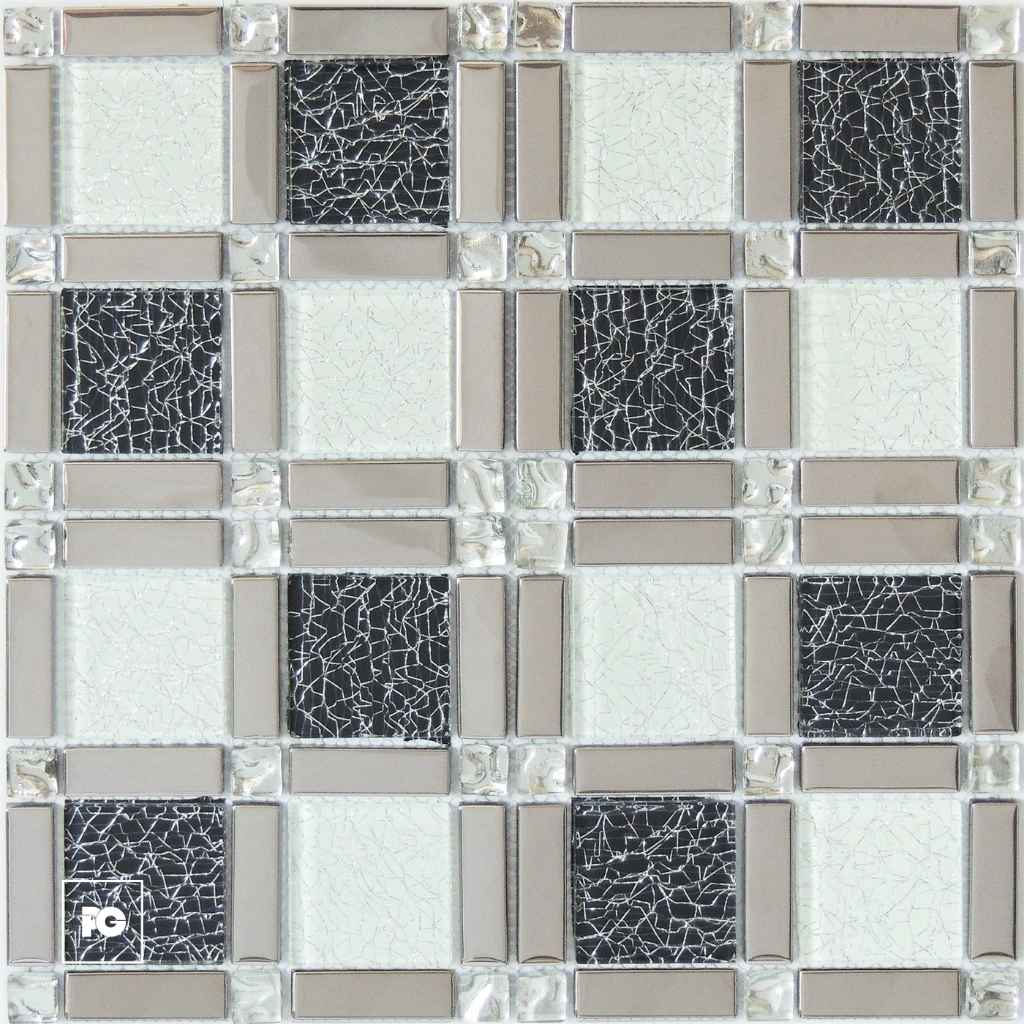 Malla decorativa echo de vidrio negro y blanco 30 x 30 cm-tiles-ok | Plomería García Decorative tile mosaic with alternating white and black crackled glass squares separated by beige rectangular separators in a grid.