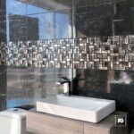 Malla decorativa escocia de vidrio y acero inoxidable 30 x 30 cm-tiles-2-ok | Plomería García Modern bathroom vanity with a white rectangular vessel sink, chrome faucet, and a mosaic tile backsplash against dark marble walls.