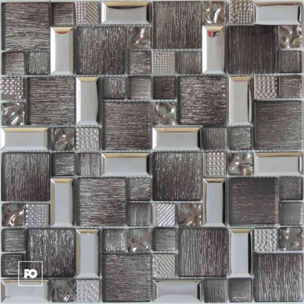 Metallic mosaic tile pattern with square, brushed and textured gray tiles in varying sizes and finishes