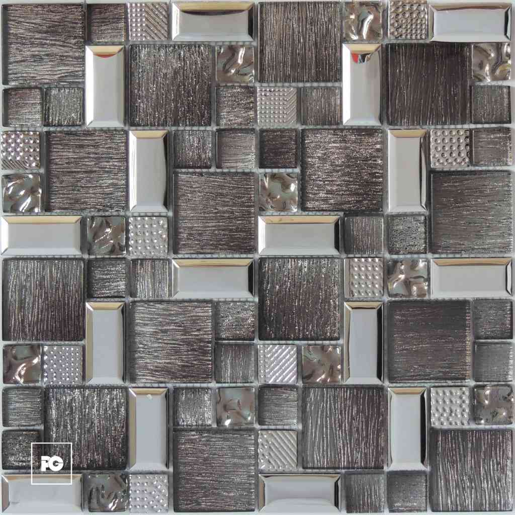 Malla decorativa escocia de vidrio y acero inoxidable 30 x 30 cm-tiles-ok | Plomería García Metallic mosaic tile pattern with square, brushed and textured gray tiles in varying sizes and finishes