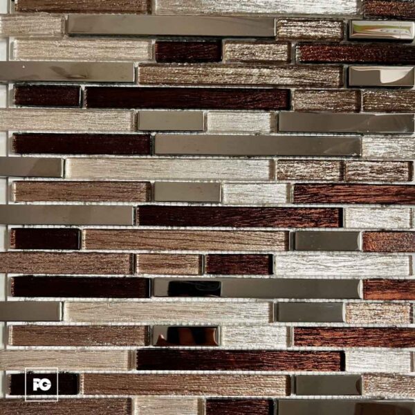 Close-up of a brown-toned glass and ceramic brick-pattern backsplash with metallic accents and glossy surfaces, no people present.