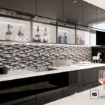 Malla30x30-cadiz-cenezzia-3-ok | Plomería García Modern kitchen with a patterned gray, black, and white tiled backsplash, white marble counters, and glossy black lower cabinets.