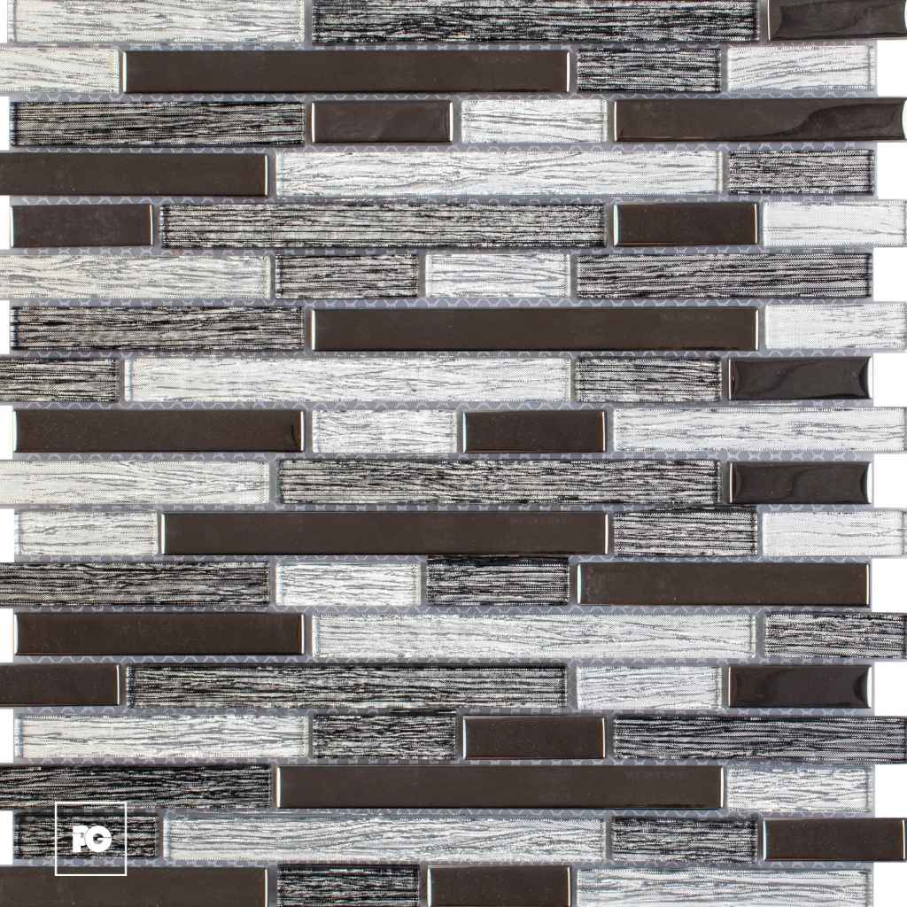 Decorative tile wall made of staggered rectangular bricks in dark brown and weathered gray textures.
