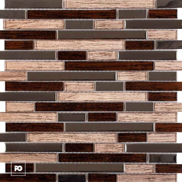 Close-up of a brown and gray tile mosaic arranged in a staggered brick pattern, with wood-grain and smooth rectangular tiles; pg logo appears in the bottom-left corner.