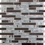 Gray and dark brown glass tile backsplash arranged in a staggered brick pattern, modern kitchen look. (tile mosaic)