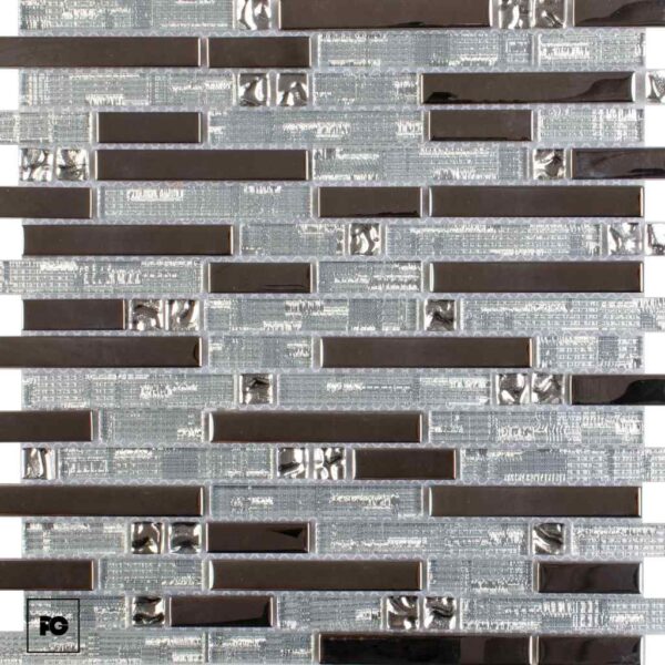 Gray and dark brown glass tile backsplash arranged in a staggered brick pattern, modern kitchen look. (tile mosaic)