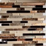Decorative mosaic tile pattern with horizontal glass and stone rectangles in neutral browns, beiges, and metallics.