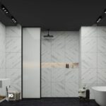 Modern spa-like bathroom with marble-tiled walls, a glass shower door, and a rainfall showerhead; built-in shelf with toiletries across the wall.