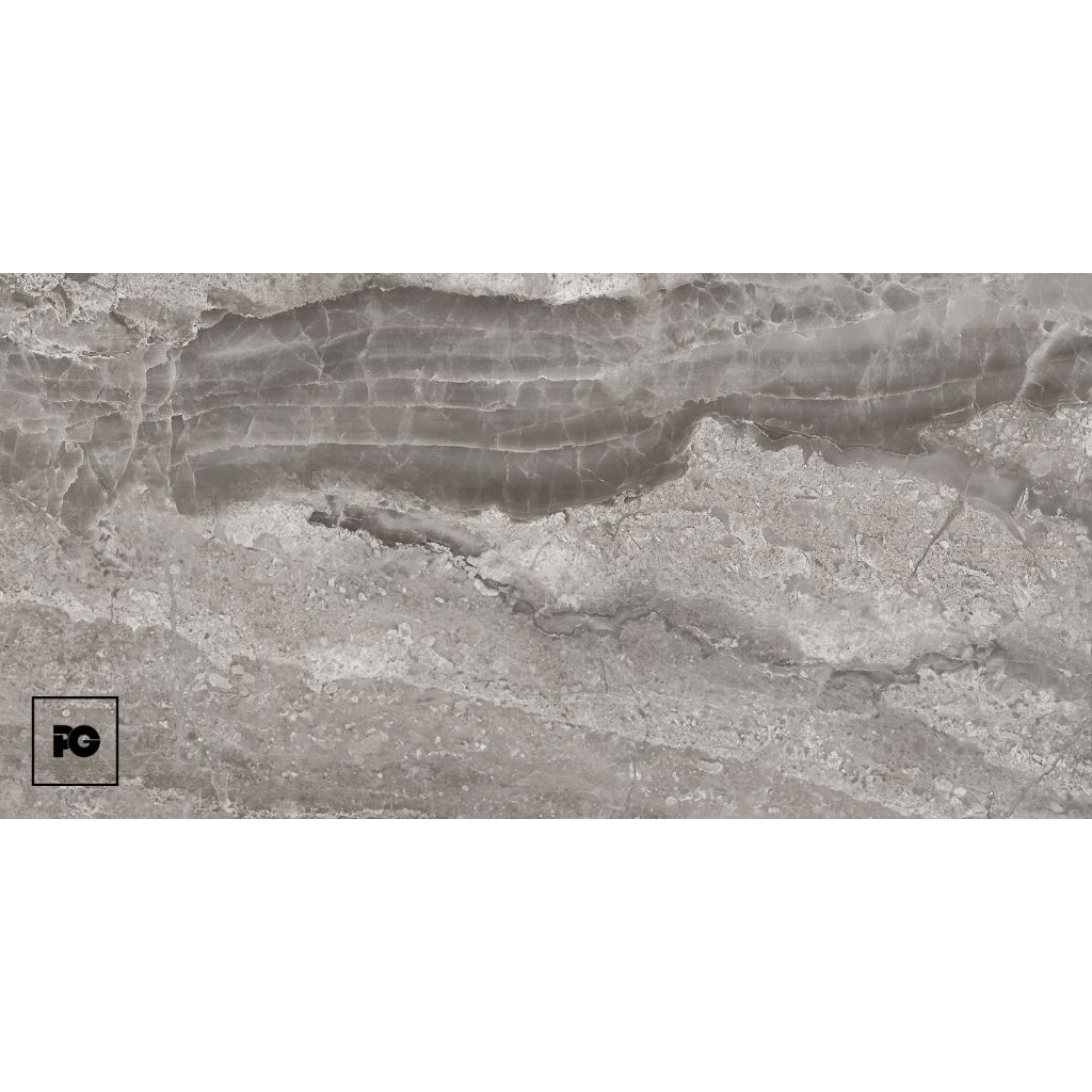 Piso porcelánico tipo mármol gris brillante imperia 80 × 160 cm-tendenzza-ok | Plomería García Close-up of gray sedimentary rock with visible layered strata and rough texture; pg logo in bottom-left corner.