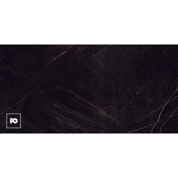 Dark black marble texture with white veins and a white framed logo in the bottom-left corner (pg).