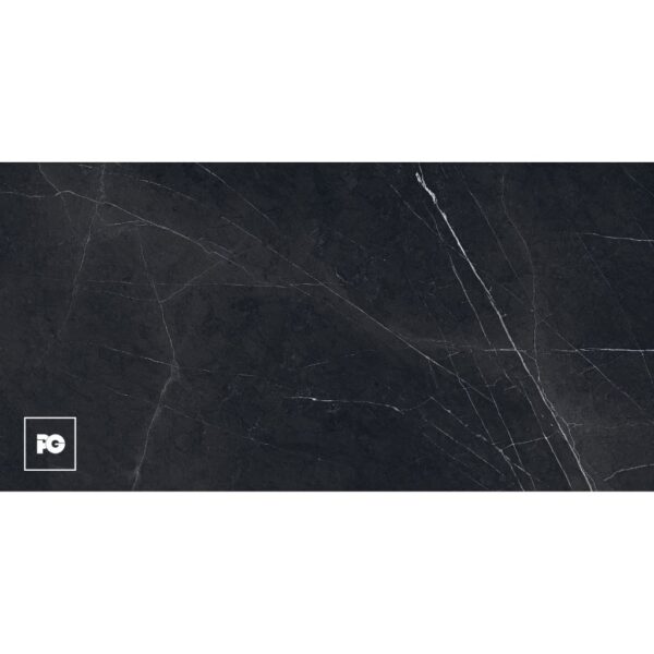 Piso porcelánico tipo mármol negro brillante milan nero 60 × 120 cm-tendenzza-ok | Plomería García Dark marble texture background with a small white square logo containing 'pg' in the bottom-left corner (branding watermark).