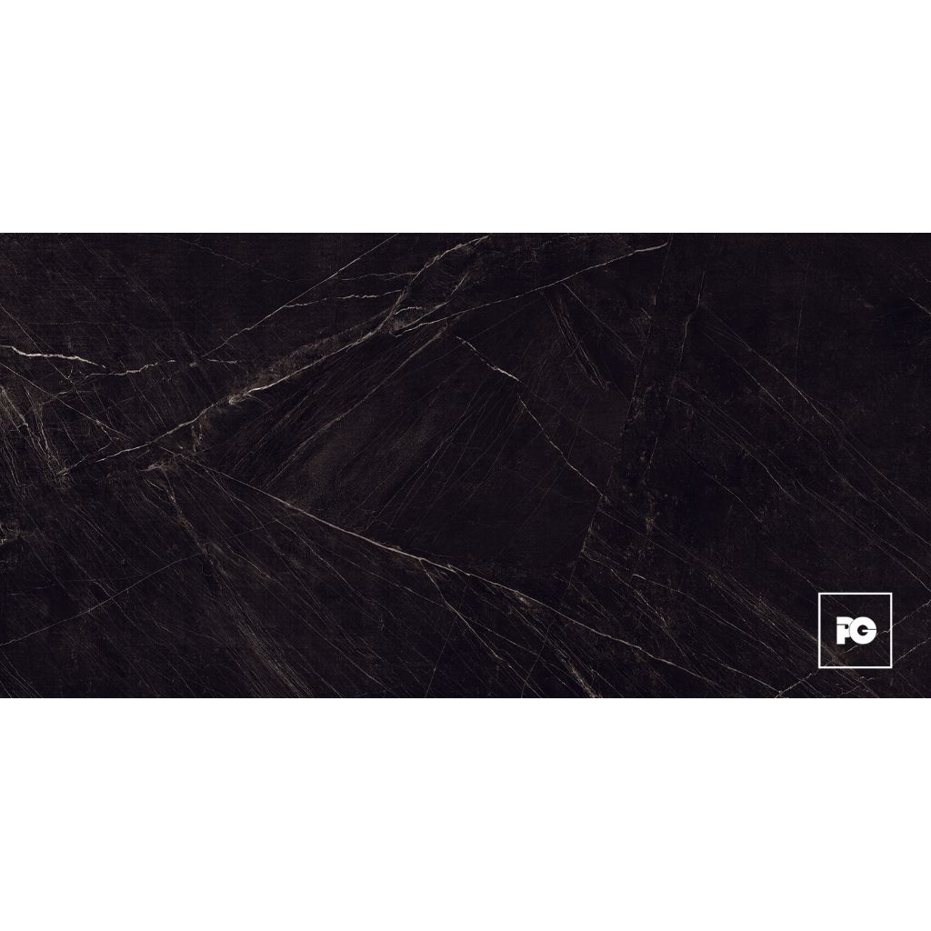 Dark black marble texture with white veins and a small PG logo in the bottom-right corner.