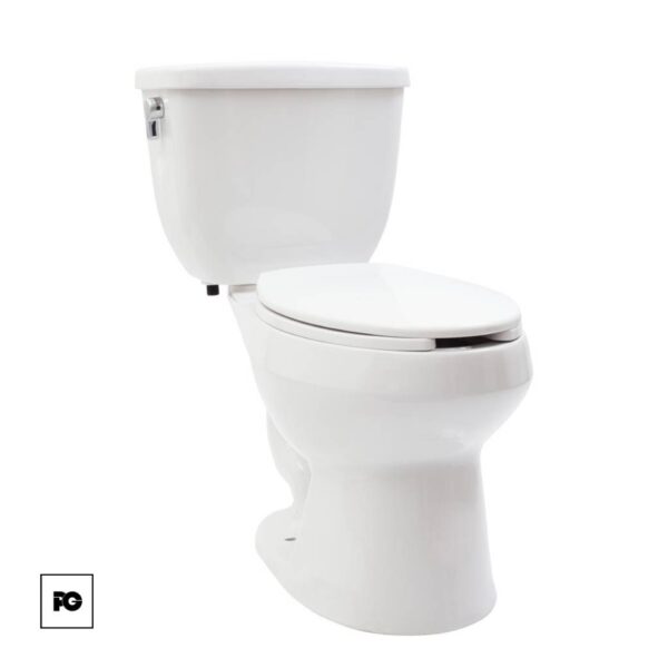 White ceramic toilet with closed lid and tank, set against a white background.