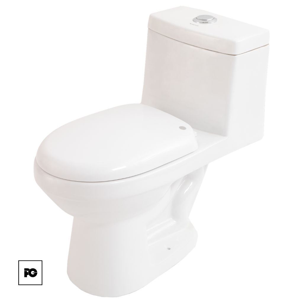 White porcelain toilet with tank and closed lid on a white background, side view