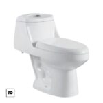 White ceramic toilet with a closed lid, isolated on a white background.