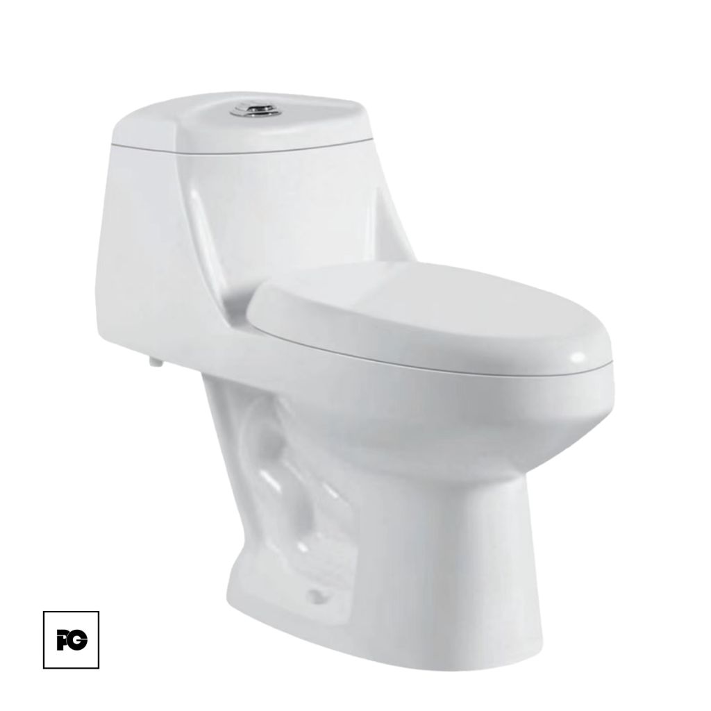 White ceramic toilet with a closed lid, isolated on a white background.