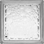 Close-up of a square glass dish filled with carbonated liquid and many bubbles, with a logo in the bottom-left corner.