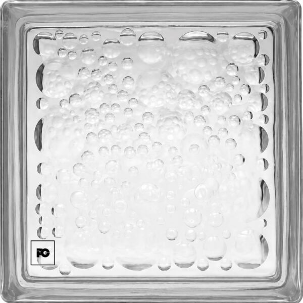 Close-up of a square glass dish filled with carbonated liquid and many bubbles, with a logo in the bottom-left corner.