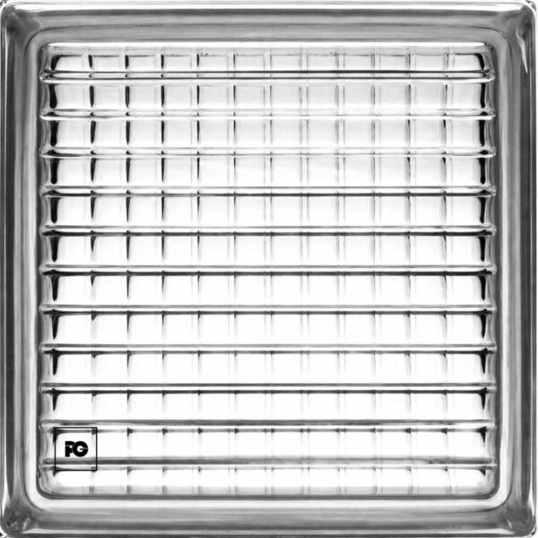 Vidrio block 19x19x8-transparente-cruzado-foncer-plomeria garcia-ok | Plomería García Stainless steel oven broiler rack with parallel bars in a square border.