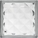 Decorative square glass dish with a faceted, diamond-patterned interior and a small fg logo in the bottom-left corner.