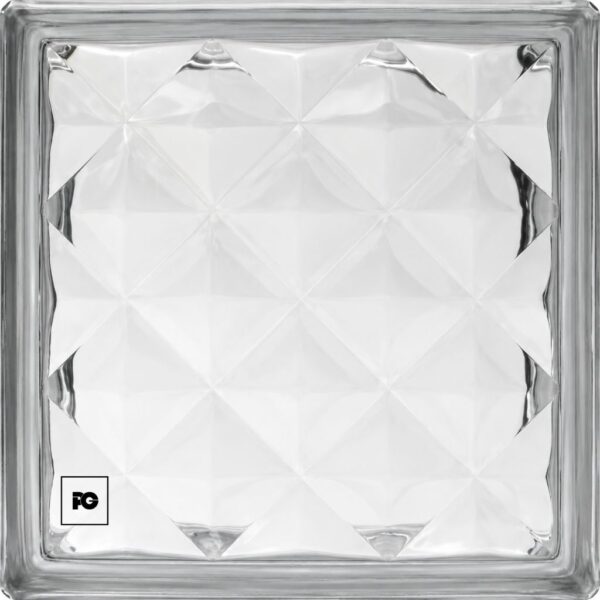 Decorative square glass dish with a faceted, diamond-patterned interior and a small fg logo in the bottom-left corner.