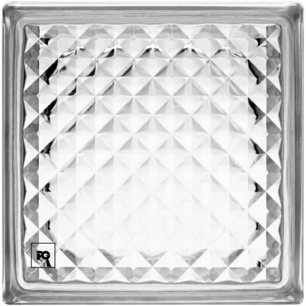 Close-up of a square glass tile with a repeating diamond facet pattern and beveled edges; small logo in the lower-left corner.