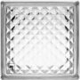 Close-up of a square glass tile with a repeating diamond facet pattern and beveled edges; small logo in the lower-left corner.