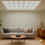 Minimalist living room with a light gray sofa, neutral pillows, a round wooden coffee table, and a sideboard with lamp under a skylight window.