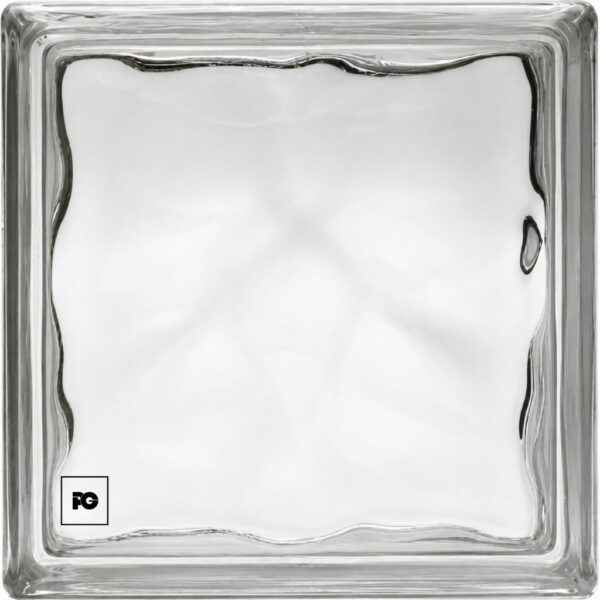 Square glass block with wavy inner edges and a small fg logo in the bottom-left corner.